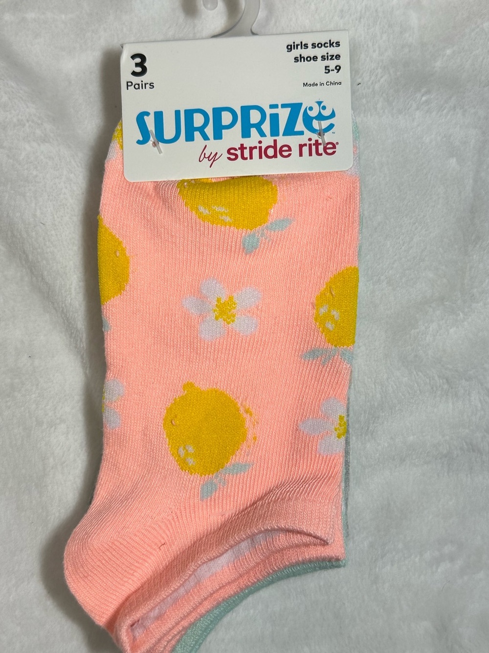 Stride Rite Surprize Girls Lemon Fruit Ankle Socks 3 Pairs Shoe Size 5-9